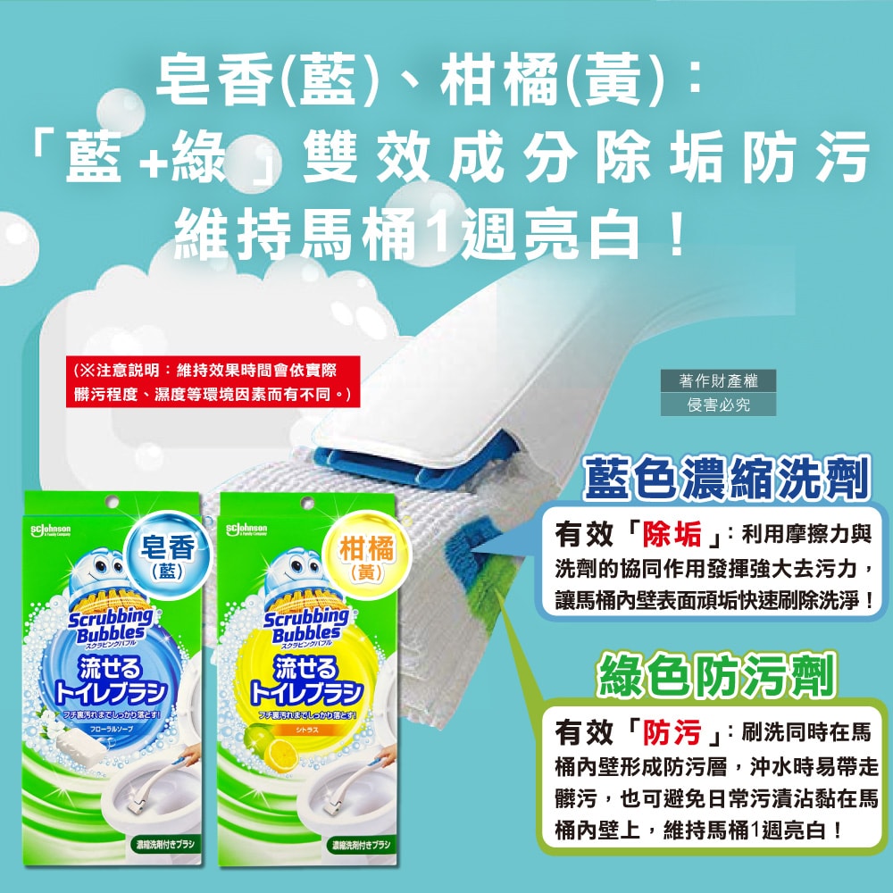 【S.C. JOHNSON 莊臣】免沾手拋棄式濃縮洗劑馬桶刷清潔組1盒(刷柄1支+刷架1座+水溶性刷頭4入)