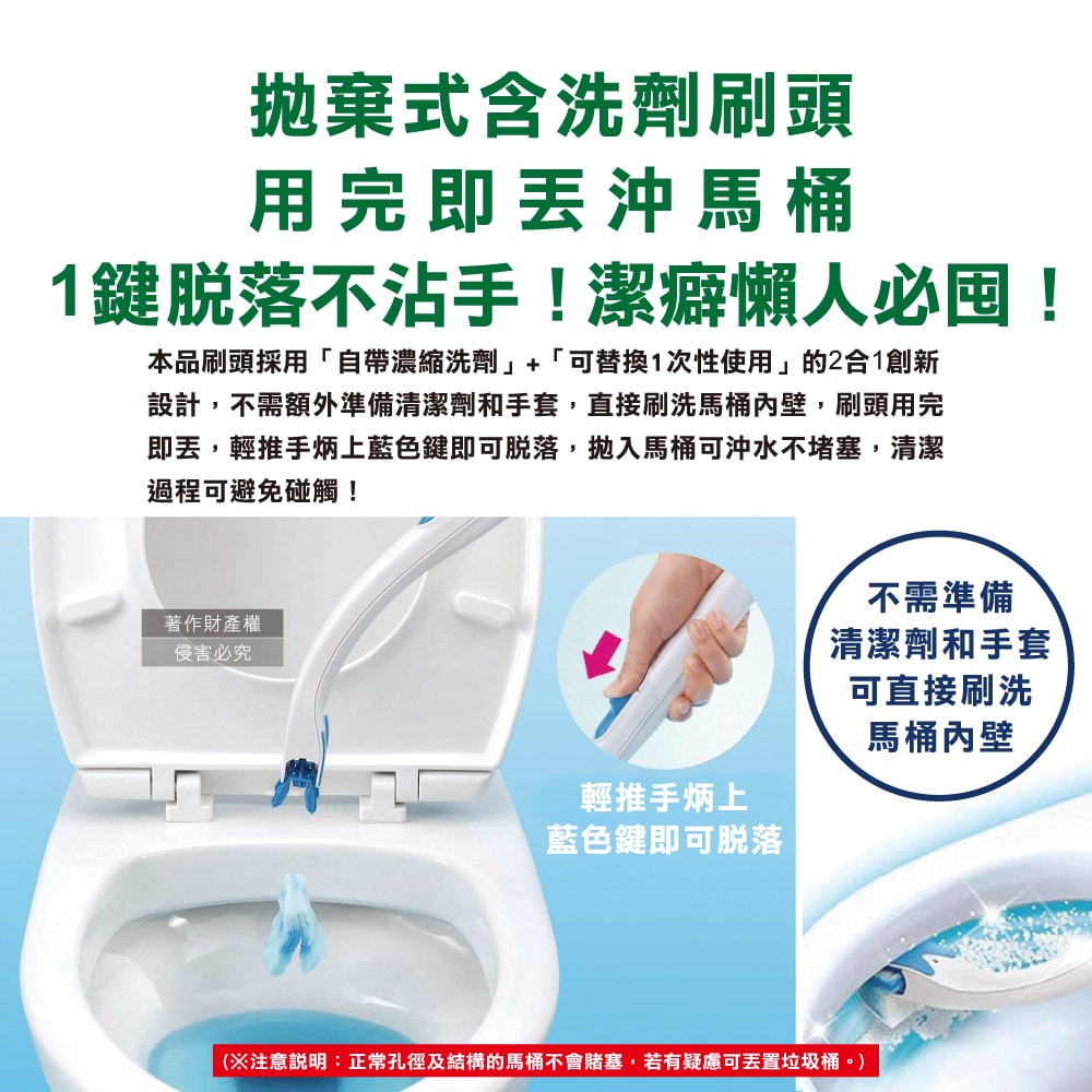 【S.C. JOHNSON 莊臣】免沾手拋棄式濃縮洗劑馬桶刷清潔組1盒(刷柄1支+刷架1座+水溶性刷頭4入)