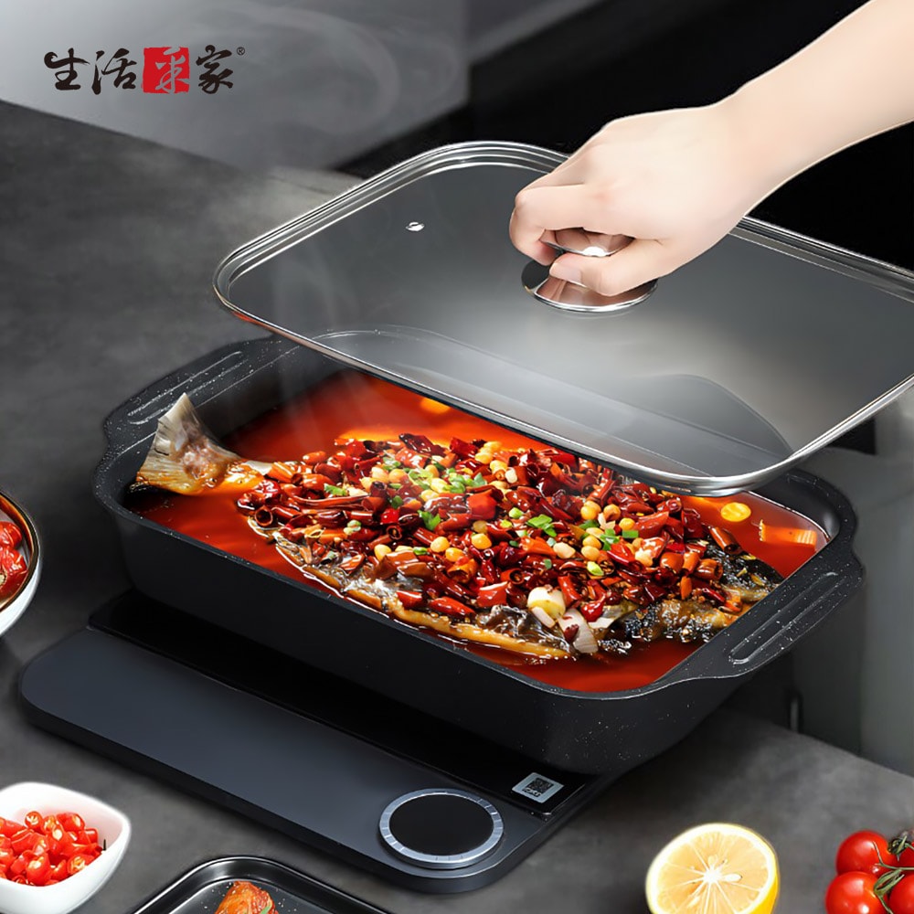 【生活采家】烤魚專用不沾附蓋加高魚鍋 40cm 電磁爐款