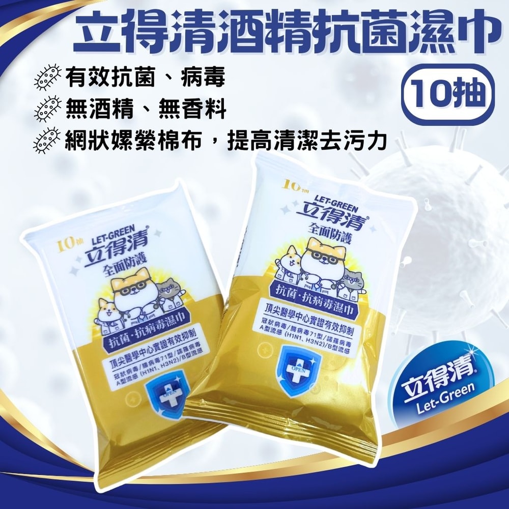 【Let-Green 立得清】抗菌抗病毒濕巾 10抽*2包*12組