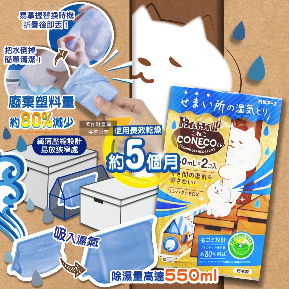 【日本 Hakugen 白元】CONECO衣鞋櫃壁櫥防潮放置型除濕劑2入/組-無香(吸濕量550ml,DRY&DRY UP靜置式集水盒,氯化鈣吸水顆粒,室內空間防霉悶臭)