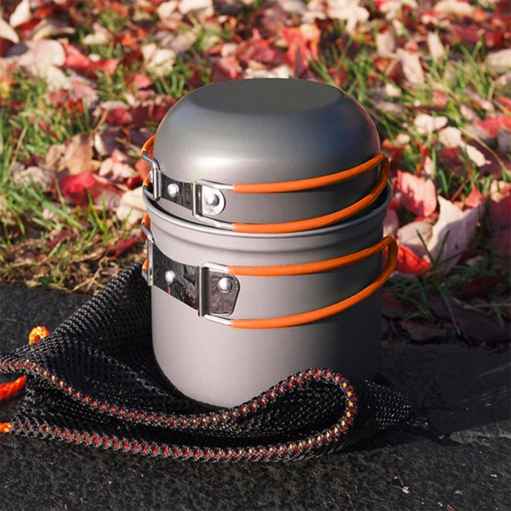 【FUJI-GRACE 日本富士雅麗】便攜野炊戶外露營鍋具組 雙鍋 (附收納袋、摺疊餐具-湯匙、叉子、餐刀)