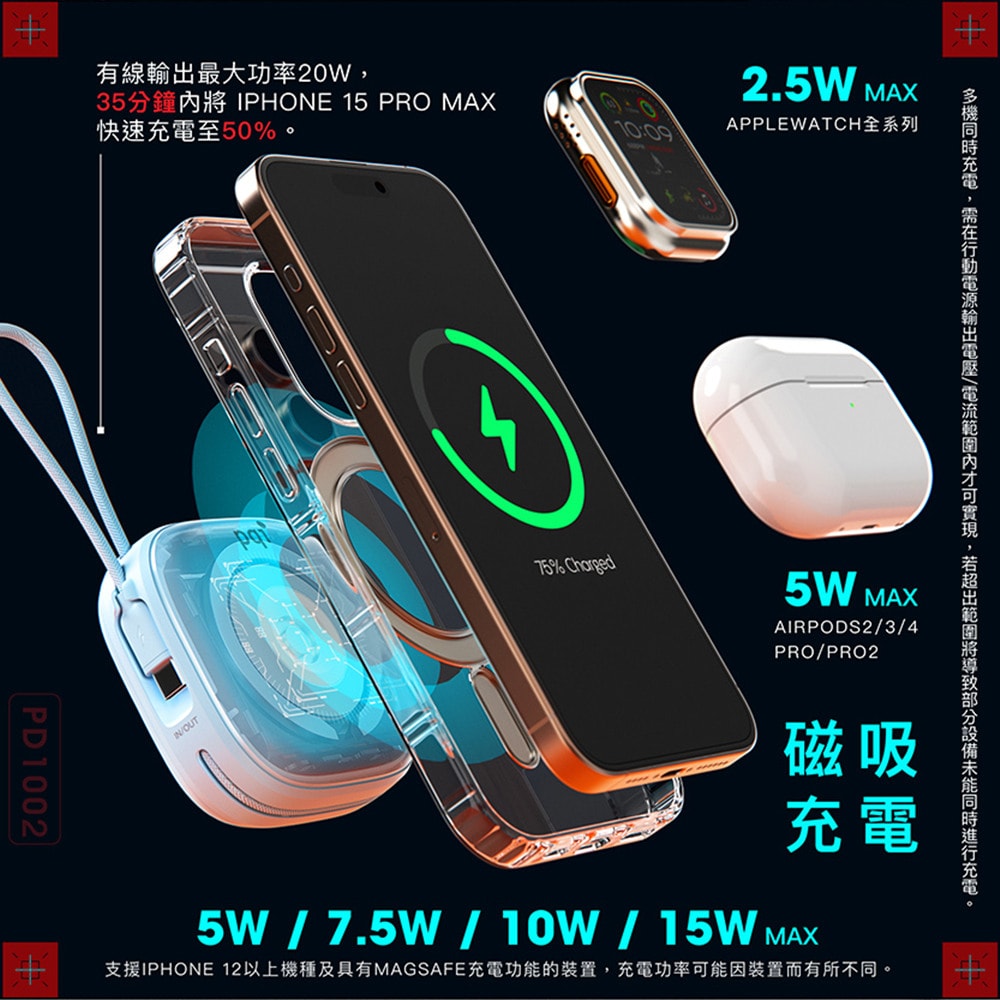 【PQI】10000mAh磁吸無線快充行動電源 【PD1002】