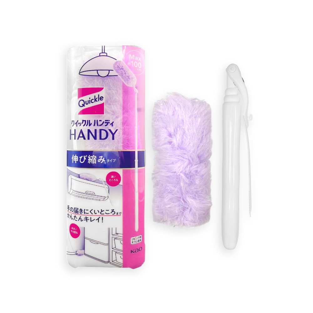 【日本花王KAO】Quickle伸縮式除塵撢清潔組(握把1支+撢布1入)/盒(最長約100cm,4段角度調節拂撢,雙面毛絨吸塵刷,車內打掃撢,替換式清塵掃)