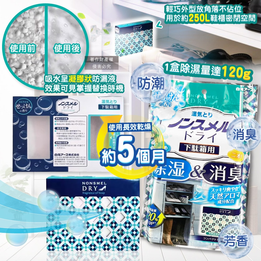 【日本 Hakugen 白元】鞋櫃用放置型防潮消臭除濕盒1入/袋-皂香(吸濕量120g,NONSMEL DRY靜置集水盒,鞋靴密閉空間淨味,鞋架除悶臭乾燥劑)