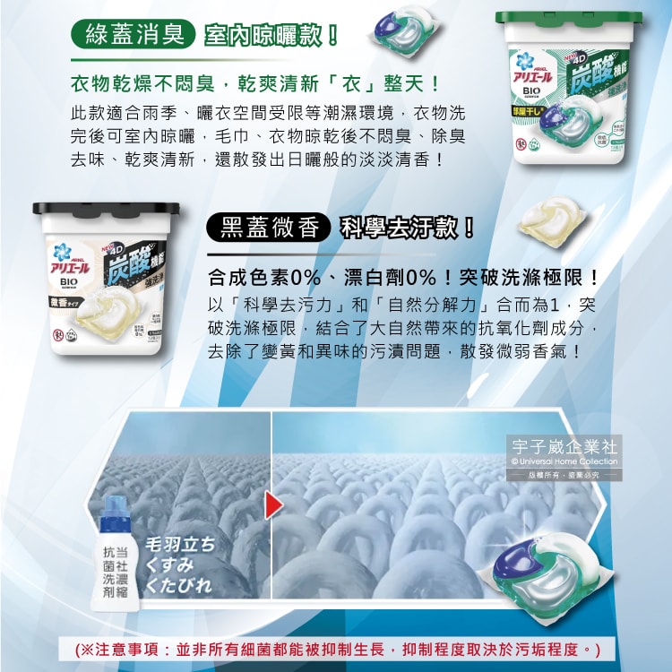 【日本PG】Ariel BIO 4D炭酸機能活性去污強洗淨洗衣凝膠球-黑蓋微香型12顆/盒(洗衣機槽防霉洗衣膠囊洗衣球)