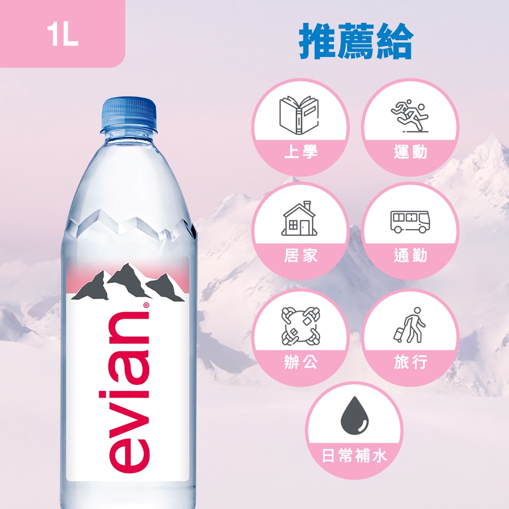 【evian依雲】天然礦泉水(寶特瓶1000ml/12入)X1箱(免運費)