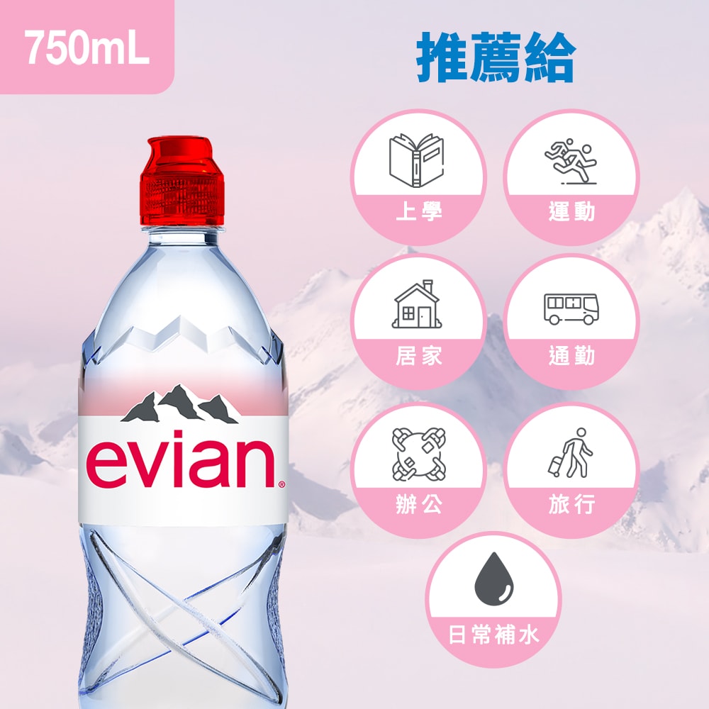 【evian依雲】天然礦泉水(運動瓶蓋750ml/12入)X1箱(免運費)
