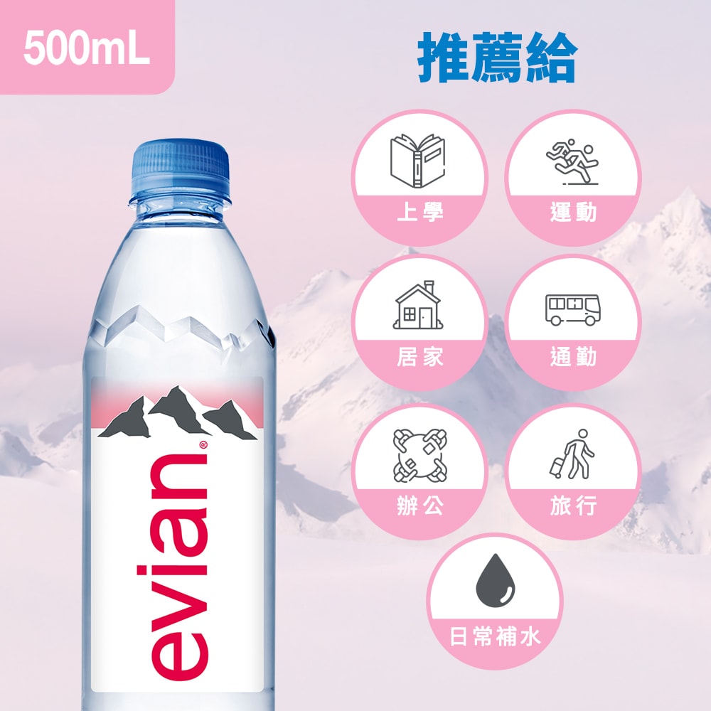 【evian依雲】天然礦泉水(寶特瓶500ml/24入)X5箱(免運費)