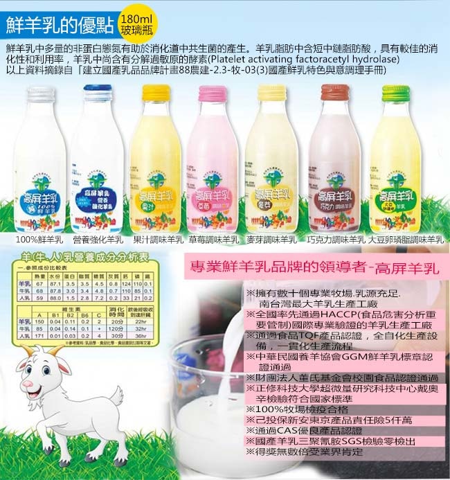 【高屏羊乳】【高屏羊乳】6大認證SGS玻瓶巧克力調味羊乳180mlx15瓶