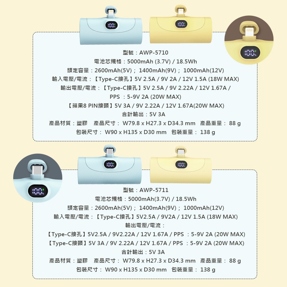 【AWSON 歐森】5000mAh直插式快充行動電源 AWP-5710 / AWP-5711 支架/PD20W-款式任選