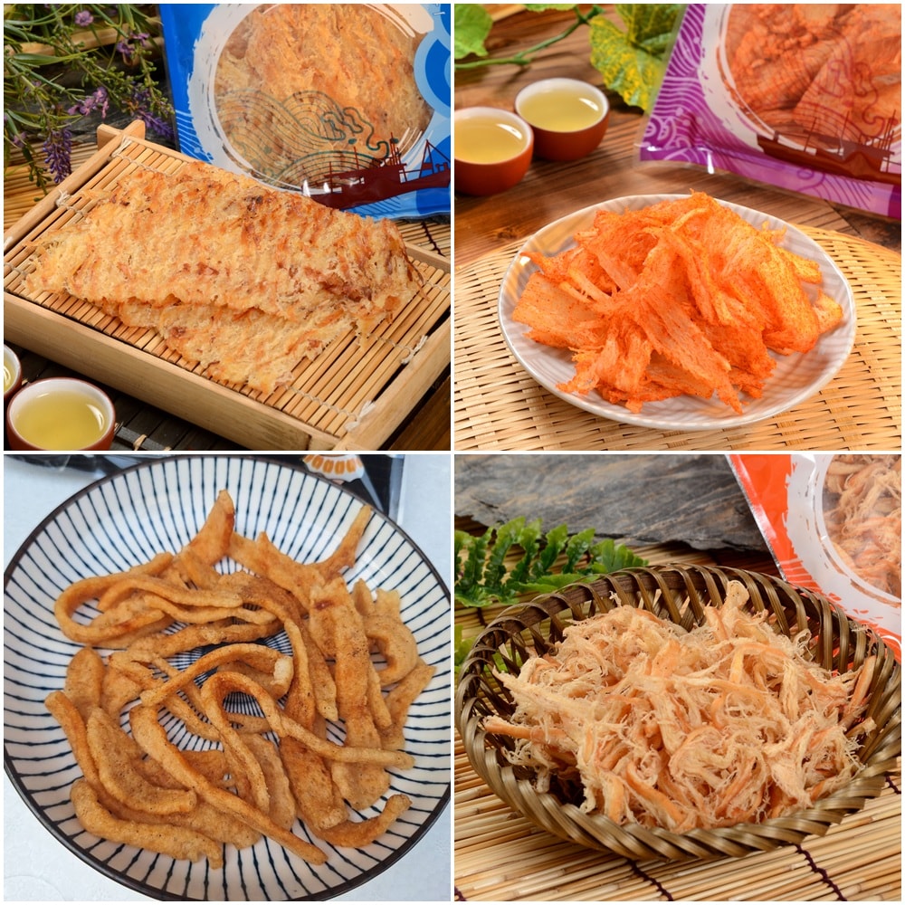 【華得水產】海鮮零嘴4包組(炭烤魷魚片+碳烤魷魚絲+新鮮情芒果乾(甘梅)+東港旗魚薯薯)