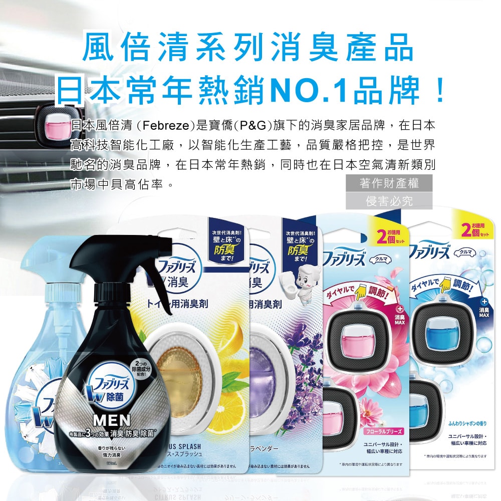 【Febreze 風倍清】汽車空調出風口專用消臭香氛夾式空氣芳香劑2.4mlx2入/盒(車用擴香劑,車內清新去味留香,濃淡可調節,長效約6週)