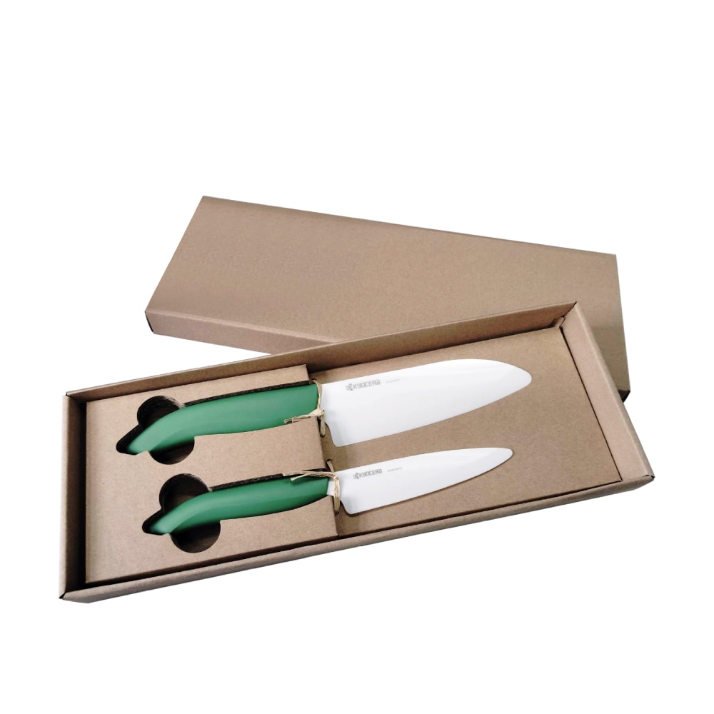 【KYOCERA 京瓷】日本京瓷 40周年紀念款陶瓷雙刀禮盒組11cm+14cm植物綠(原廠總代理)