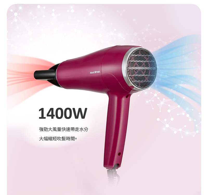 【太星電工】MAX STAR 負離子沙龍吹風機1400W(莓果紅) HNB1400