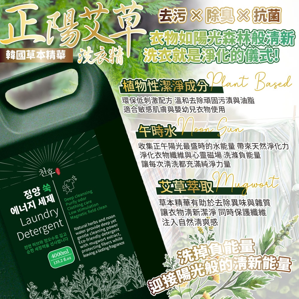 【天后】正陽艾草洗衣精4000ml-4瓶入