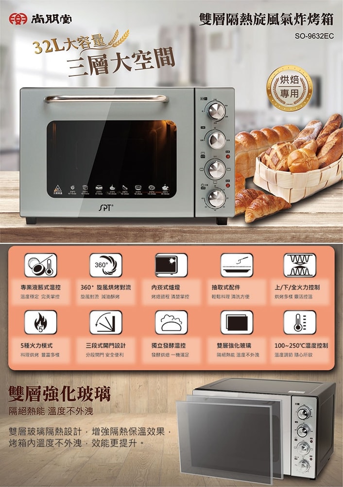 【尚朋堂】32L雙層鏡面旋風氣炸烤箱SO-9632EC