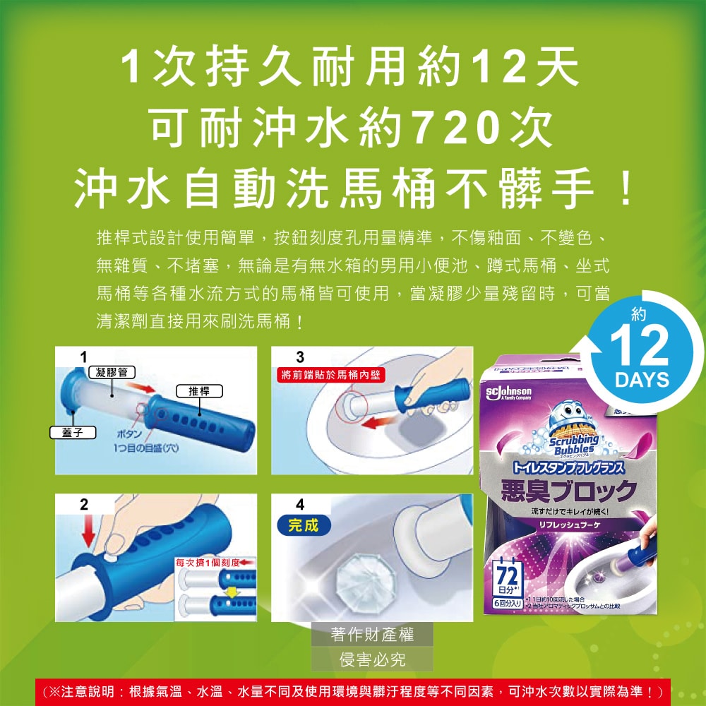 【S.C. JOHNSON 莊臣】花香洗淨防污推桿式馬桶清潔凝膠38g+推桿1支/盒(坐式馬桶去尿漬消臭黏凍,廁所免刷洗香氛凍,鑽石型凝凍耐沖水約720次)