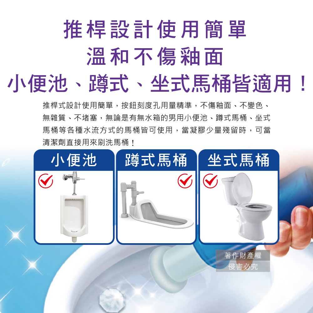 【S.C. JOHNSON 莊臣】花香洗淨防污推桿式馬桶清潔凝膠38g+推桿1支/盒(坐式馬桶去尿漬消臭黏凍,廁所免刷洗香氛凍,鑽石型凝凍耐沖水約720次)