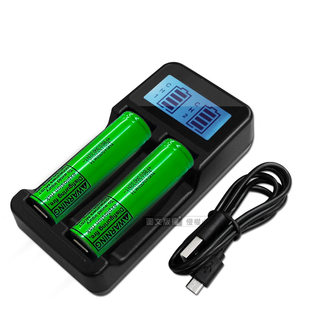【WELLY】韓國製10A大放電 安全認證凸頭18650充電鋰電池 3400mAh(2顆入)+LCD液晶雙槽充電器 充電組