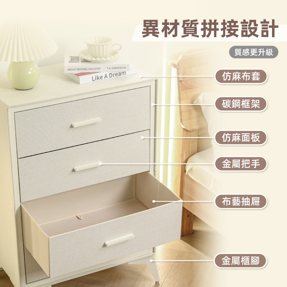 【慢慢家居】無印風-輕雲布藝四格抽屜收納櫃 ( 異材質拼接 金屬把手)