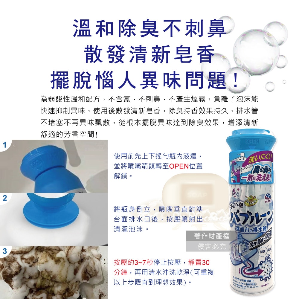 【日本Earth地球製藥】寬口倒噴管道除臭去污泡沫清潔劑200ml/罐-藍蓋皂香(洗臉台溢流孔慕斯噴霧,衛浴排水管除垢中性洗劑,水槽除垢消臭芳香劑)
