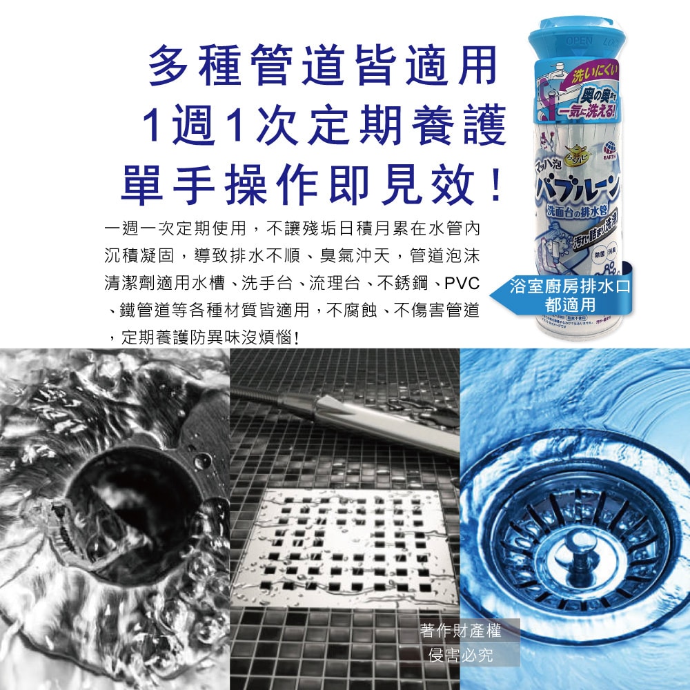 【日本Earth地球製藥】寬口倒噴管道除臭去污泡沫清潔劑200ml/罐-藍蓋皂香(洗臉台溢流孔慕斯噴霧,衛浴排水管除垢中性洗劑,水槽除垢消臭芳香劑)