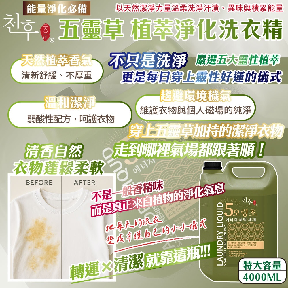 【天后】五靈草植萃淨化洗衣精4000ml-5瓶入