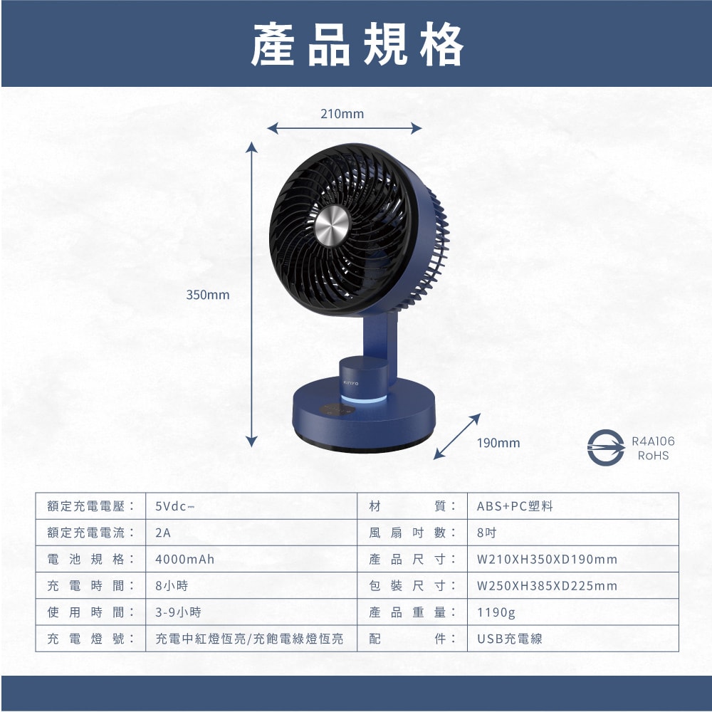 【KINYO】8吋充插兩用DC扇/循環扇/電風扇/USB風扇(UF-7185)自動擺頭/LED/易拆洗