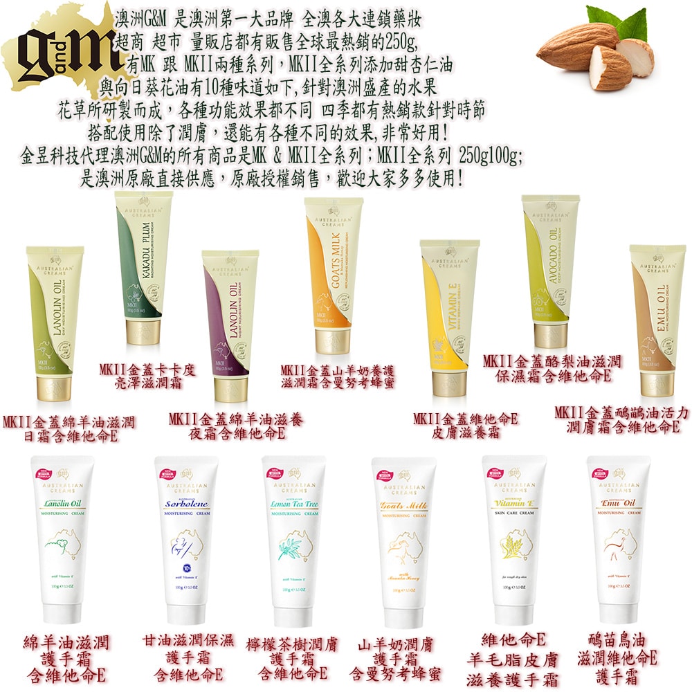 【澳洲 G&M】鴯苗鳥油滋潤保濕霜含維他命E-(250g/罐 4入組)-即期良品-效期2026/10