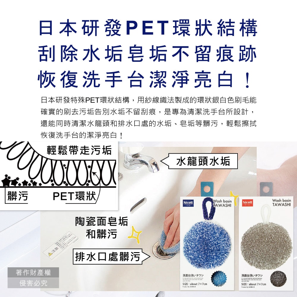 【日本SANBELM Nicott】洗手台水龍頭排水口環狀PET免洗劑圓形水垢清潔刷1入/盒(耐熱透氣快乾有掛繩好收納)灰色/藍色