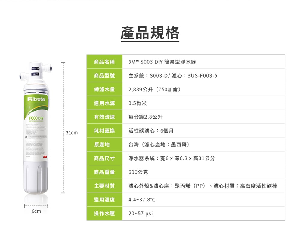【3M】F003 DIY淨水器替換濾心單入(適用S003/DS02/DS03系列濾心)