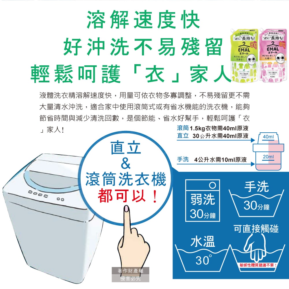 【日本花王KAO】EMAL精緻衣物防縮抗褶皺護色香氛洗衣精補充包810ml/袋(衣物柔軟芳香洗劑,除汗臭襪臭潮濕悶臭,滾筒式/直立式洗衣機皆適用)
