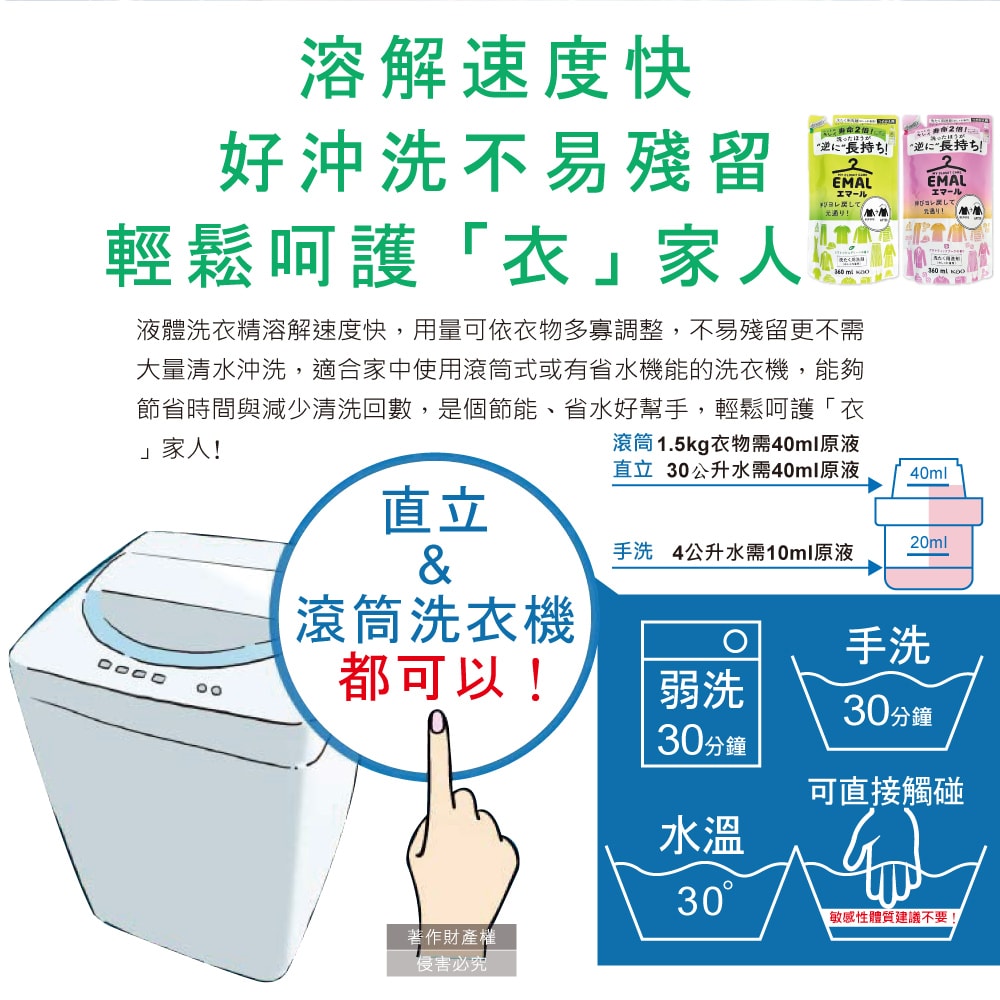 【日本花王KAO】EMAL精緻衣物防縮抗褶皺護色香氛洗衣精補充包360ml/袋(衣物柔軟芳香洗劑,除汗臭襪臭潮濕悶臭,滾筒式/直立式洗衣機皆適用)
