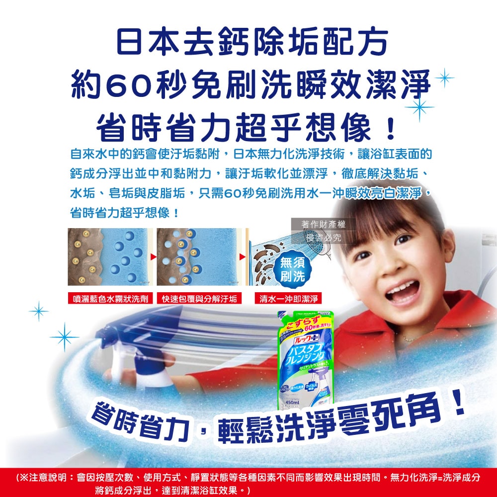 【日本LION獅王】LOOK PLUS免刷洗浴缸去鈣除垢消臭衛浴清潔噴霧補充包450ml/袋-柑橘香(綠標)(約60秒瞬效潔淨去異味,多功能浴室泡沫去污劑)