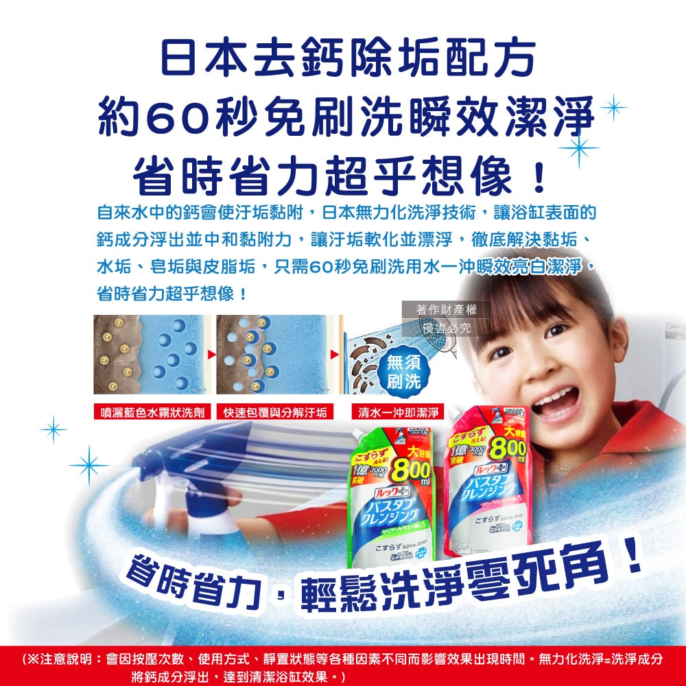 【日本LION獅王】LOOK PLUS免刷洗浴缸去鈣除垢消臭衛浴清潔噴霧補充包800ml/袋(約60秒瞬效潔淨版,多功能浴室泡沫去污劑,淋浴間去異味洗劑)
