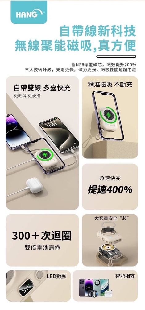 【HANG】PD3C 無線磁吸行動電源 10000mAh  支援/手機/耳機/手錶/15W/無線充