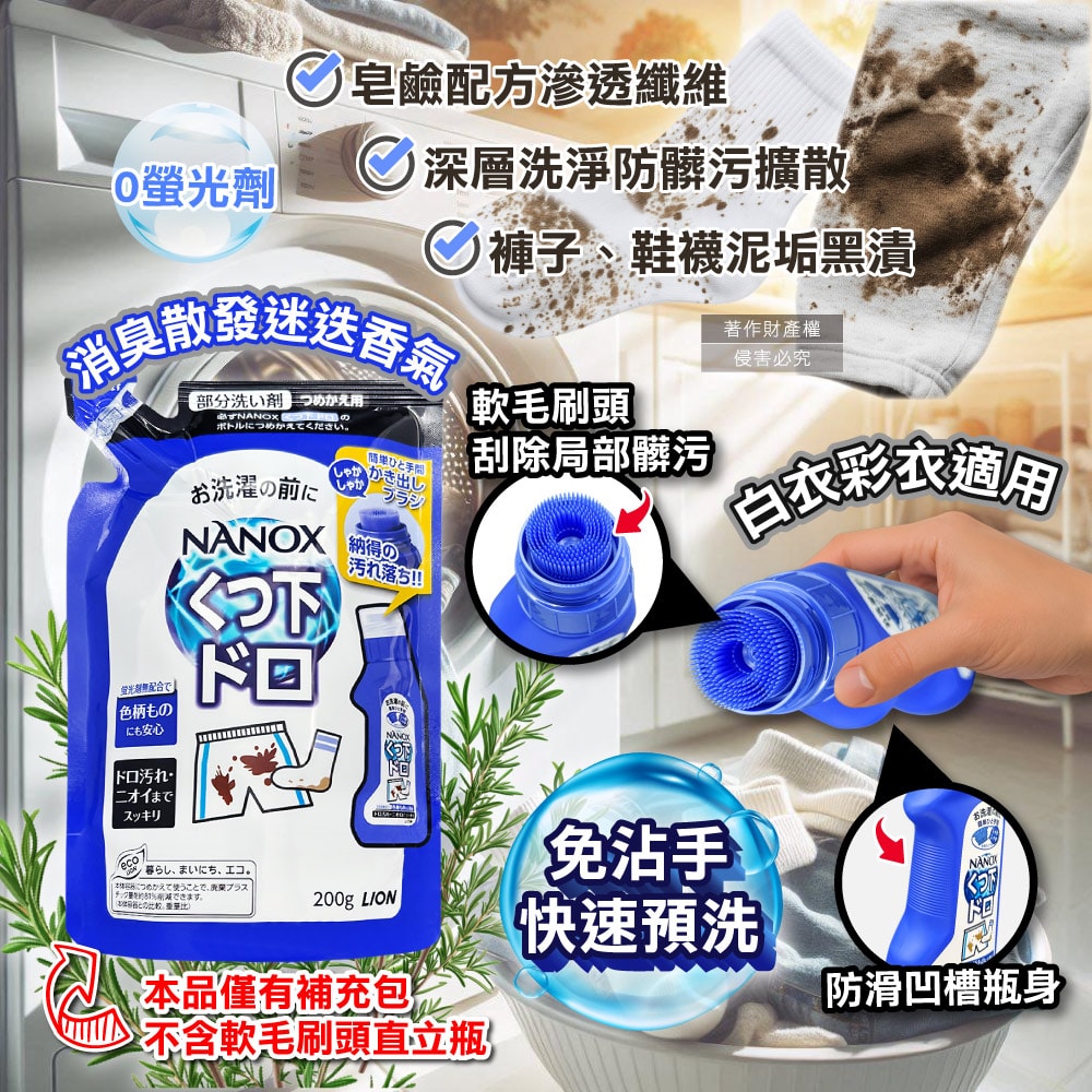 【LION 獅王】NANOX軟毛刷頭褲子鞋襪消臭除泥漬清潔劑補充包200g/深藍袋(免沾手局部重點洗髒污,衣物芳香去味洗滌,白衣彩衣迷迭香預潔劑)