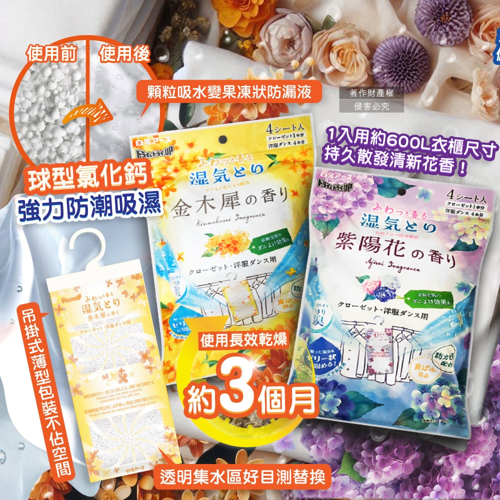 【日本 Hakugen 白元】衣櫃用長效乾燥防霉消臭香氛吊掛式除濕劑4入/袋(DRY&DRY UP氯化鈣顆粒吸濕片,衣物脫臭防泛黃,淨味透明防潮集水袋)