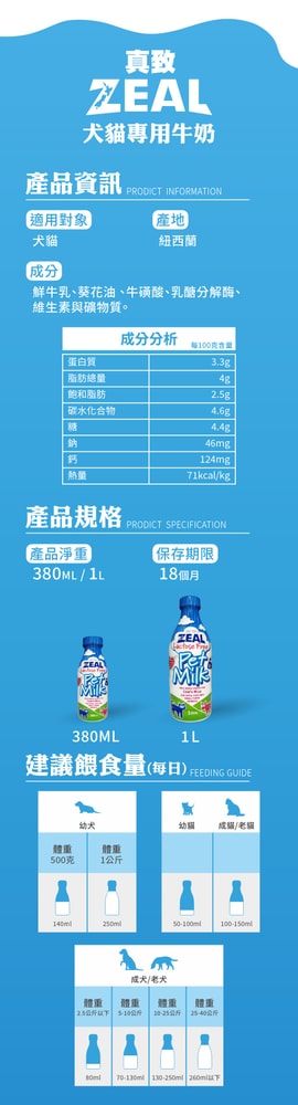【ZEAL真致】2罐組 紐西蘭犬貓專用鮮乳 (不含乳糖) 1000ml  犬貓鮮奶 犬貓牛奶 貓牛奶 狗牛奶 寵物營養