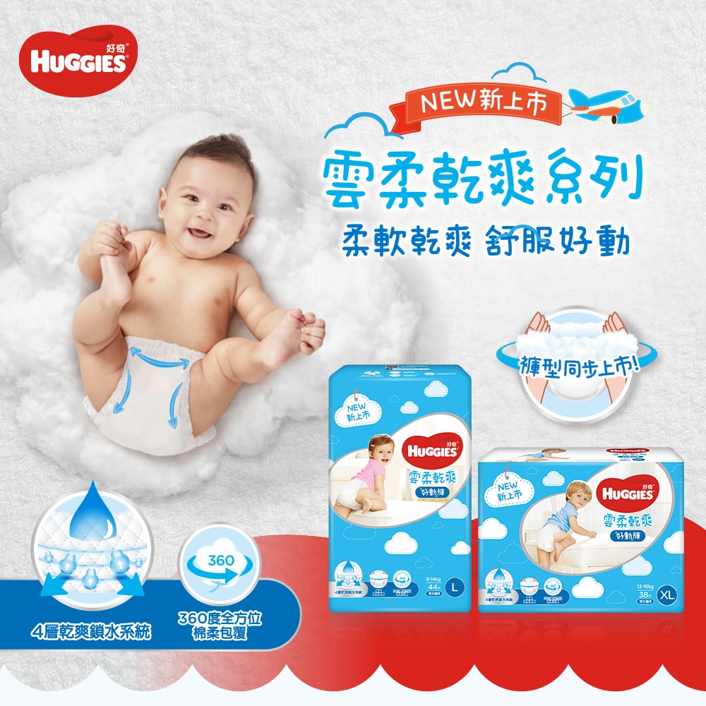 【HUGGIES 好奇】雲柔乾爽紙尿褲 好動褲(褲型) L/XL/XXL 箱購