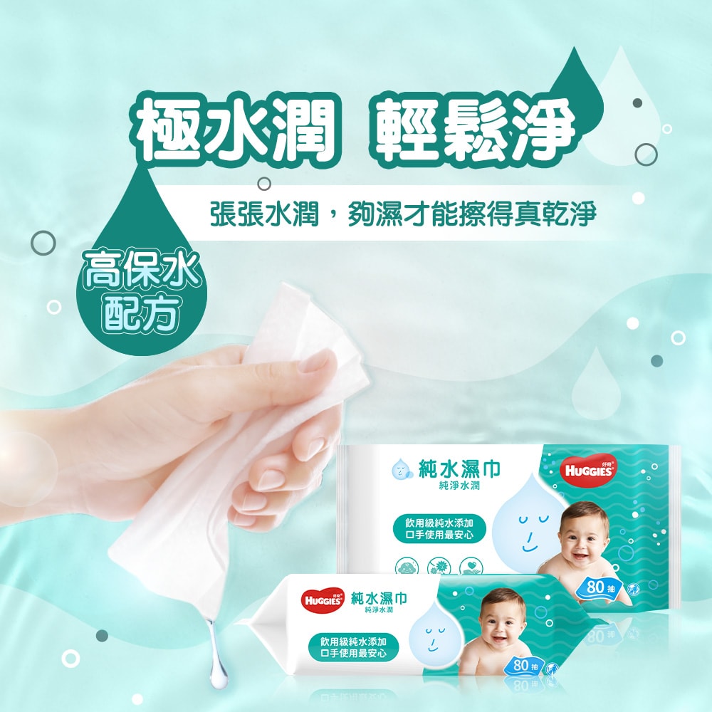【HUGGIES 好奇】純水嬰兒濕巾-純淨水潤 一般型 80抽x18包/箱 箱購
