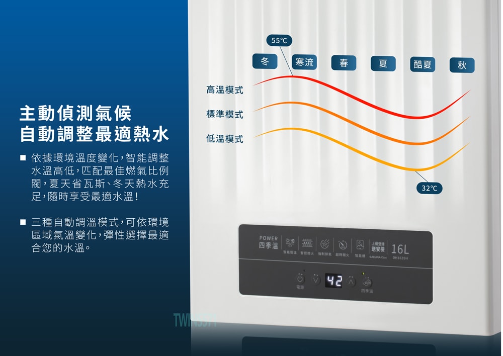 【SAKURA 櫻花】16L 第三代POWER四季溫智能恆溫強制排氣熱水器DH1635H(天然瓦斯專用)