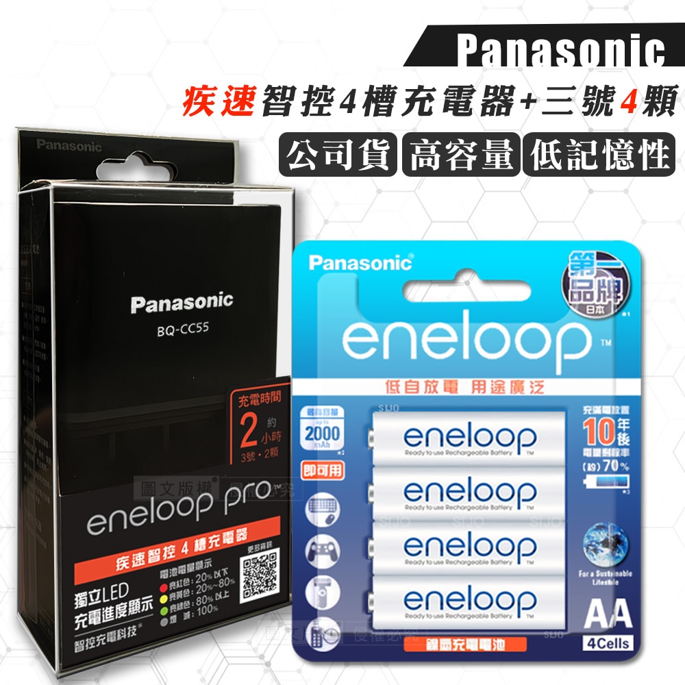 【Panasonic 國際牌】疾速智控4槽電池充電器＋新款彩版 國際牌 eneloop 低自放3號充電電池(4顆入)