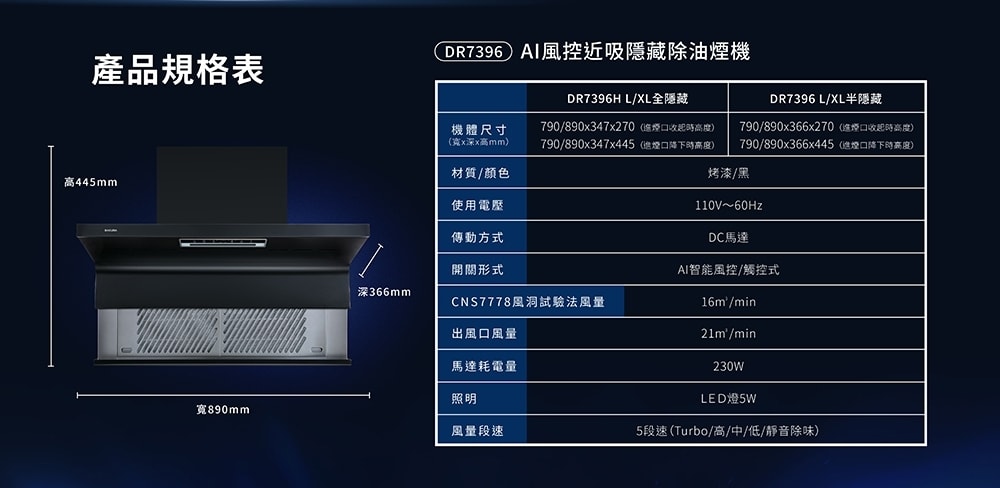 【SAKURA 櫻花】【DR7396L】80公分AI近吸式半隱藏式升降款排油煙機(不含風管護罩組)(全省安裝)