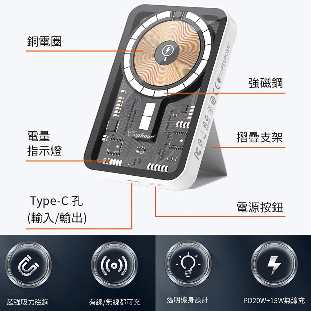 【Wephone】透明工業風 無線磁吸式MagSafe快充行動電源(磁吸式支架設計)