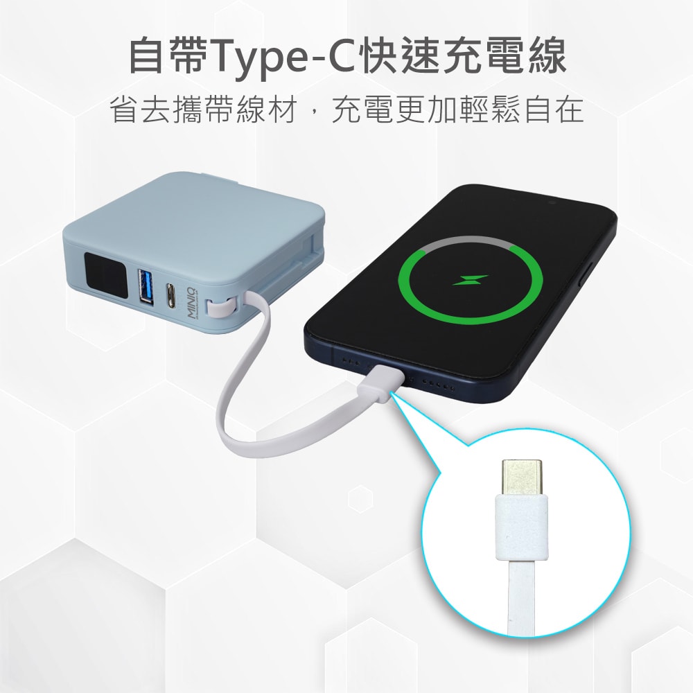 【MINIQ】台灣製造 自帶Type-C快充線/AC插頭/LED數顯 多合一行動電源(附贈出國轉接頭)