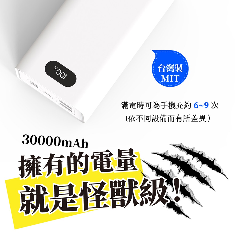 【POLYBATT】台灣製造 H30000液晶顯示 22W雙向/快充行動電源(三輸入、三輸出)