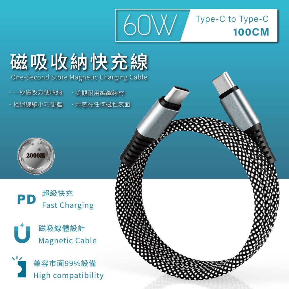 【KooPin】極速60W 雙孔PD+QC 工業風 車用充電器+雙頭Type-C 磁吸收納快充線