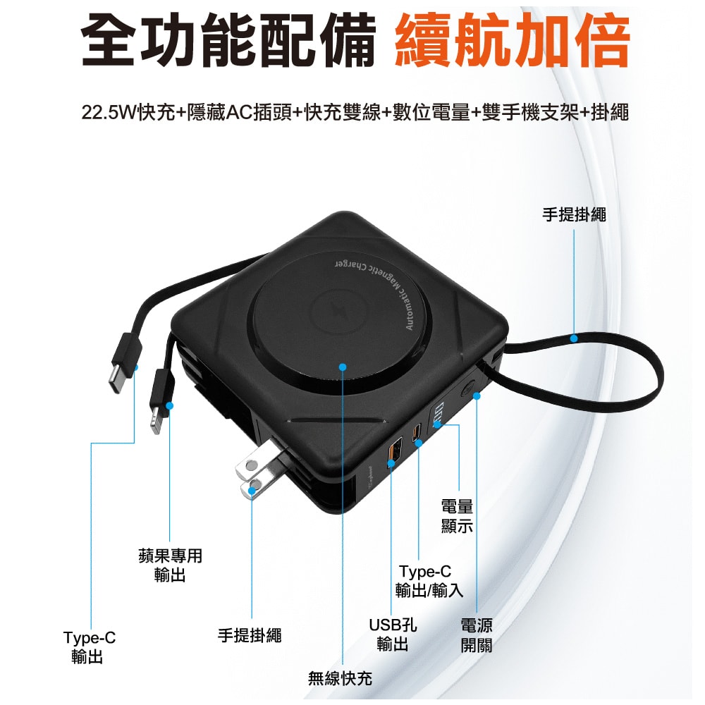 【Wephone】數顯自帶線行動電源+充電頭+15W磁吸無線充電(QC/PD快充)